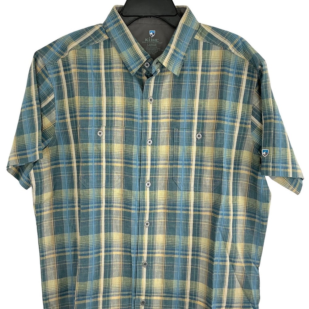 KÜHL Men's Large Plaid Linen Cotton Button Up Shirt Short Sleeve Outdoor Hiking
